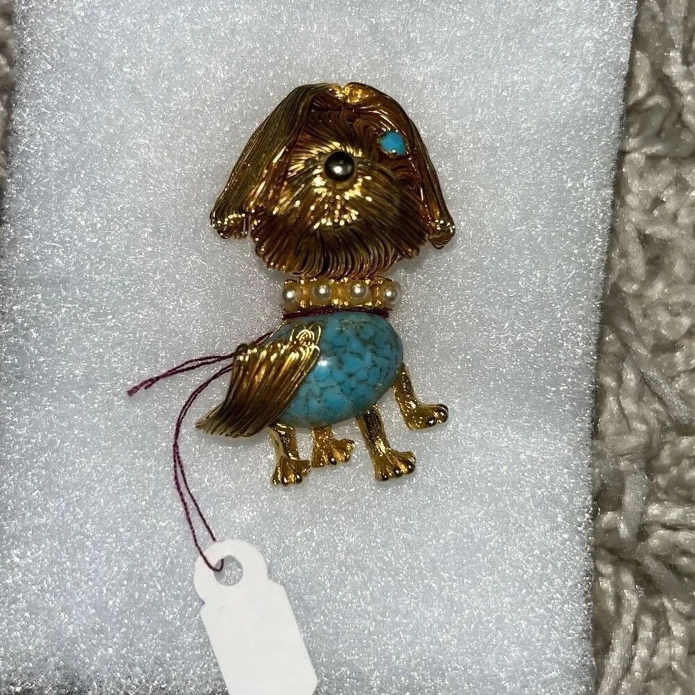 Adorable Gold Wire Turquoise Pearl Dog Brooch Pin